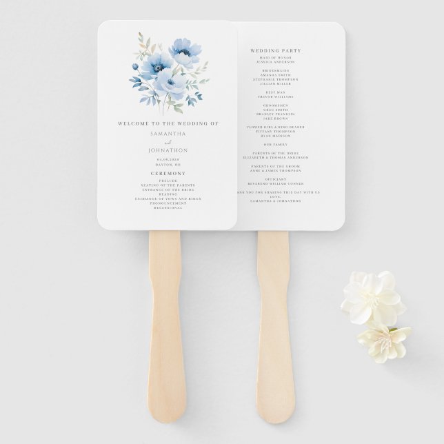 Elegantes Blue Floral Wedding Program Hand Fan Fächer (Vorne und Hinten)