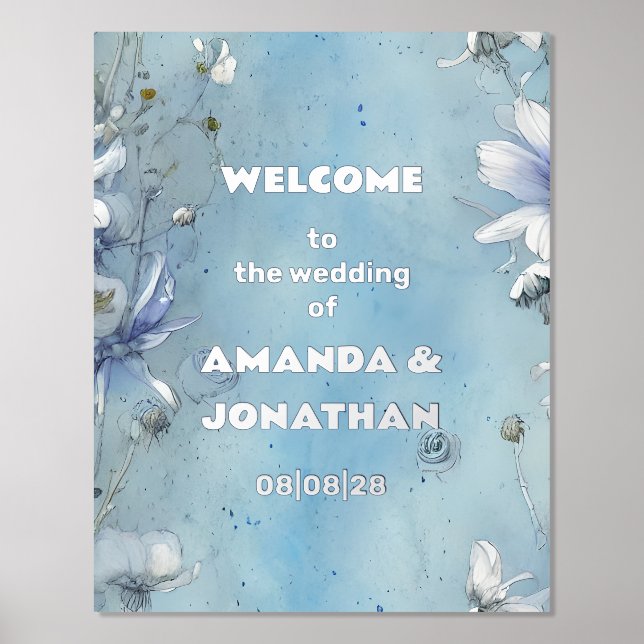 Elegantes Blue Floral Wedding Welcome Foil Sign Foliendrucke (Vorderseite)