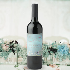 Elegantes Blue Floral Wedding Wine Label Weinetikett