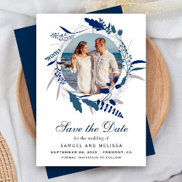 Elegantes Blue Floral Wreath Foto Save the Date