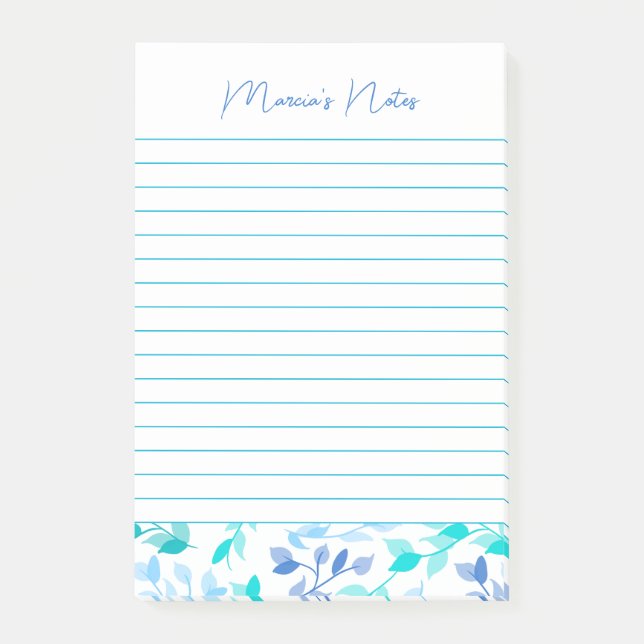 Elegantes Blue Florals Modernes Personalisiert Post-it Klebezettel (Vorderseite)