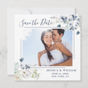 Elegantes Blue Foliage FOTO Hochzeit Speichern Sie Save The Date