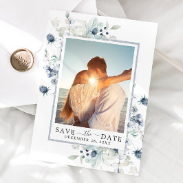 Elegantes Blue Foliage FOTO Hochzeit Speichern Sie Save The Date