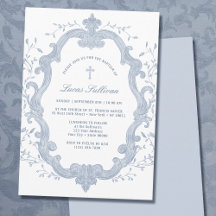 Elegantes Blue Foliage Wappen Taufe Einladung
