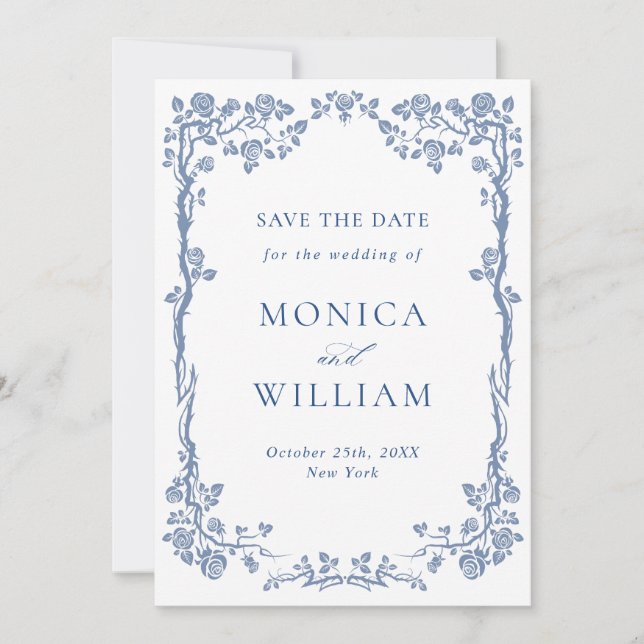 Elegantes Blue French Garden Floral Wedding Foto Save The Date (Vorderseite)