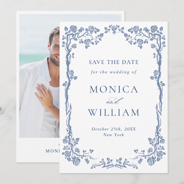 Elegantes Blue French Garden Floral Wedding Foto Save The Date (Vorne/Hinten)