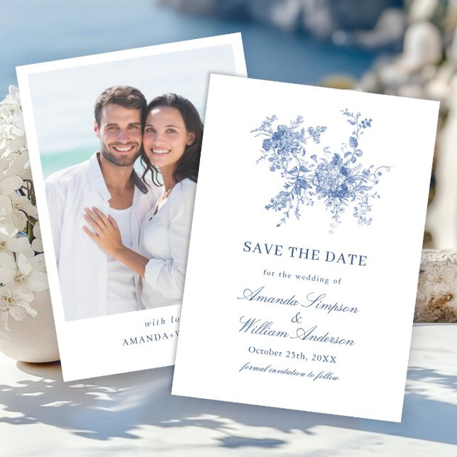 Elegantes Blue French Garden Floral Wedding Foto Save The Date (Von Creator hochgeladen)