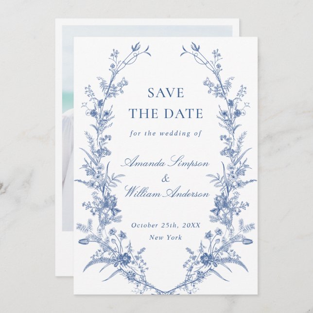 Elegantes Blue French Garden Floral Wedding Foto Save The Date (Vorne/Hinten)