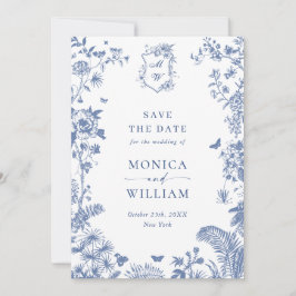 Elegantes Blue French Garden Floral Wedding Foto Save The Date