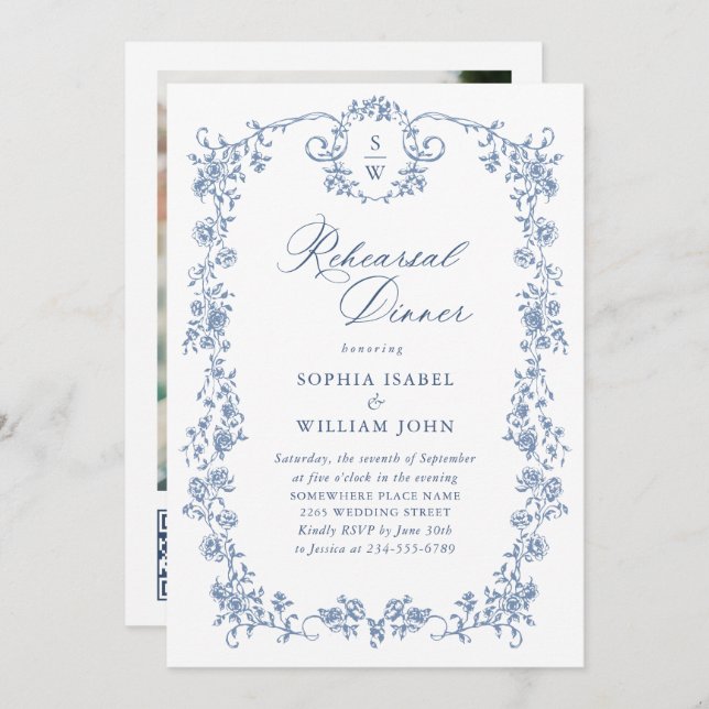 Elegantes Blue French Rose Probe Abendessen Einladung (Vorne/Hinten)
