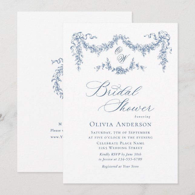 Elegantes Blue French Toile Garden BRAUTPARTY Einladung (Vorne/Hinten)