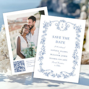 Elegantes Blue French Toile QR-Foto Hochzeit Save The Date