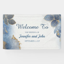 Elegantes Blue Gold Blätter Botanische Hochzeit Banner