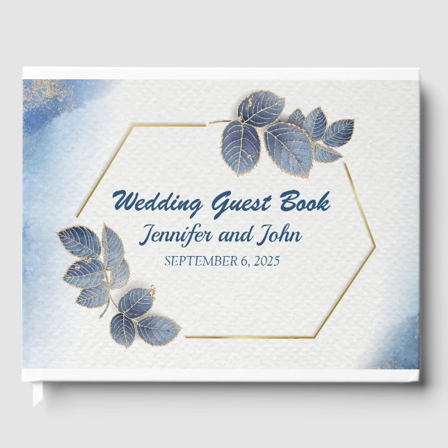 Elegantes Blue Gold Blätter Botanische Hochzeit Gästebuch (Vorderseite)