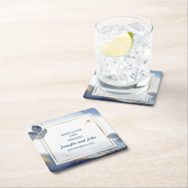 Elegantes Blue Gold Blätter Botanische Hochzeit Rechteckiger Pappuntersetzer