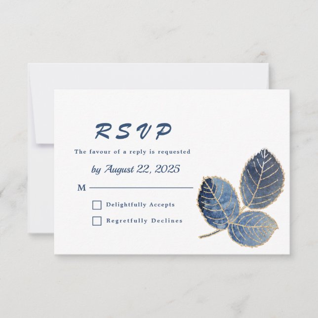 Elegantes Blue Gold Blätter Botanische Hochzeit RSVP Karte (Vorderseite)
