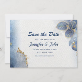 Elegantes Blue Gold Blätter Botanische Hochzeit Save The Date