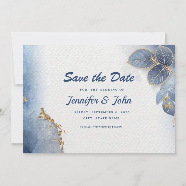 Elegantes Blue Gold Blätter Botanische Hochzeit Save The Date (Vorderseite)
