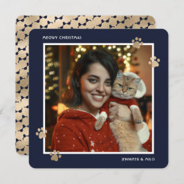 Elegantes Blue Gold Cat Ewner Foto Meowy Weihnacht Feiertagskarte