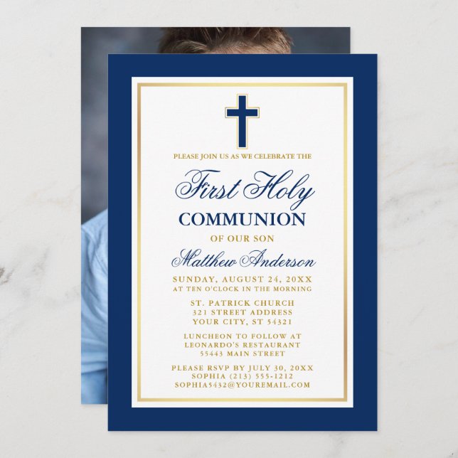 Elegantes Blue Gold First Holy Communion Foto Einladung (Vorne/Hinten)