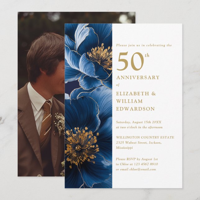Elegantes Blue Gold Floral 50 Jahre Foto Einladung (Vorne/Hinten)