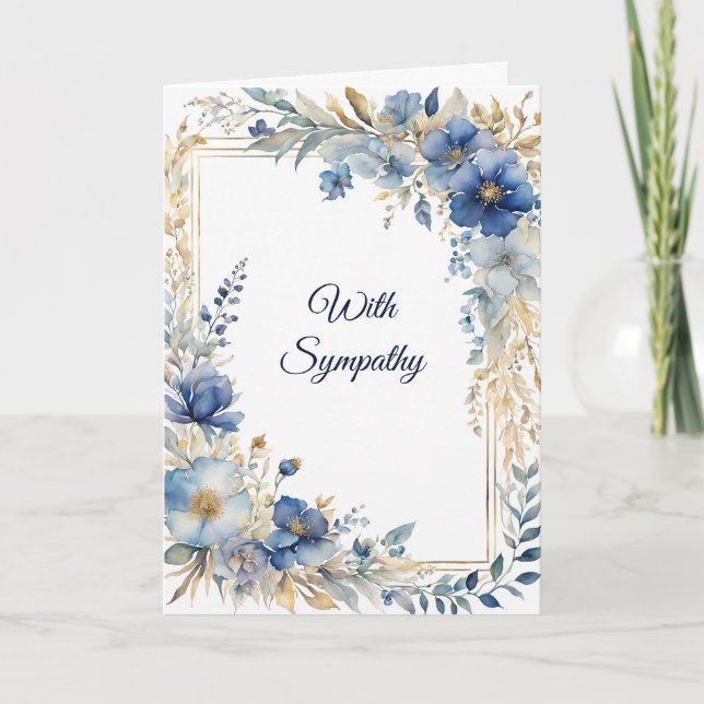 Elegantes Blue Gold Floral Beileid Karte (Vorderseite)