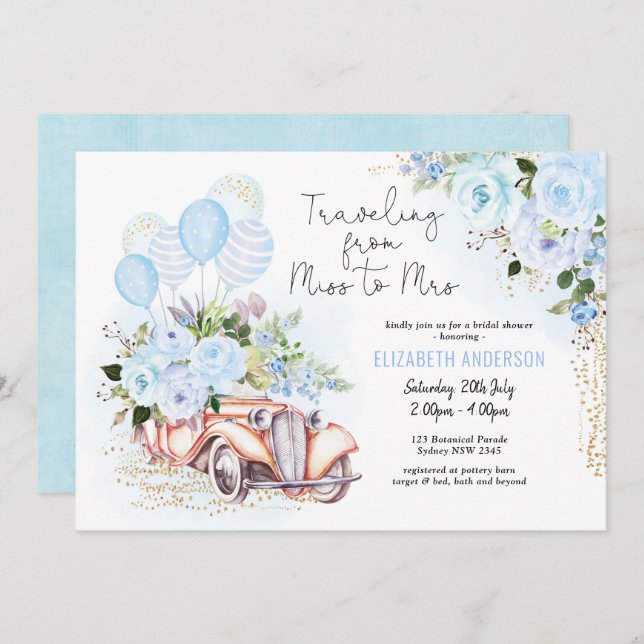 Elegantes Blue Gold Floral Brautparty Einladung (Vorne/Hinten)