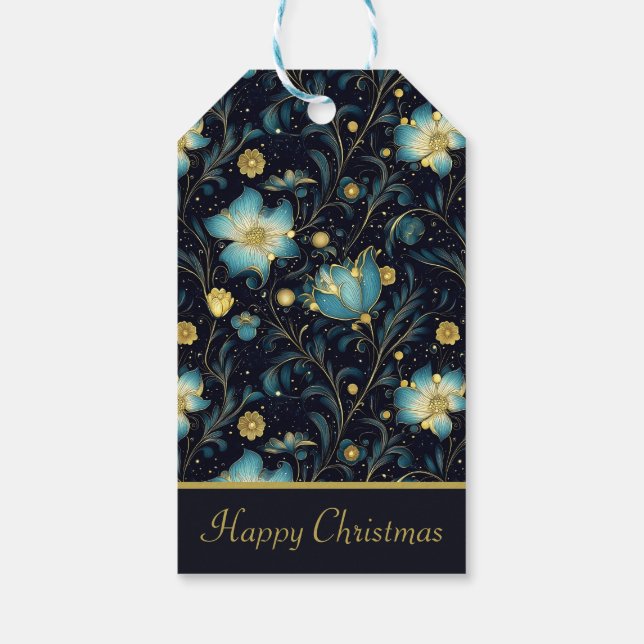 Elegantes Blue & Gold Floral Personalisiertes Weih Geschenkanhänger (Rückseite)