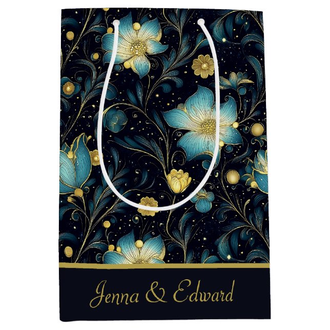 Elegantes Blue & Gold Floral Personalisiertes Weih Mittlere Geschenktüte (Vorderseite)