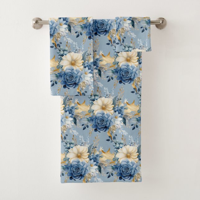 Elegantes Blue Gold Floral Rose Handtuch Set (Insitu)