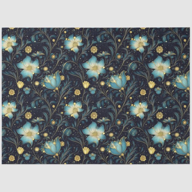 Elegantes Blue & Gold Floral Weihnachtsdekoupage Seidenpapier (Vorderseite)
