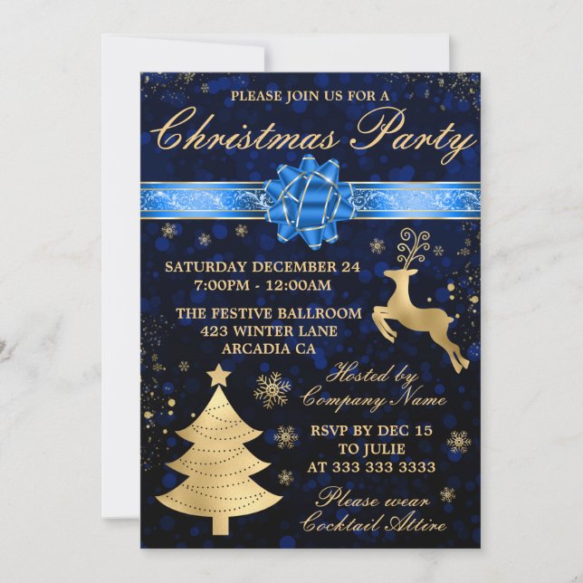 Elegantes Blue & Gold Foil Ribbon Weihnachten Part Einladung (Vorderseite)