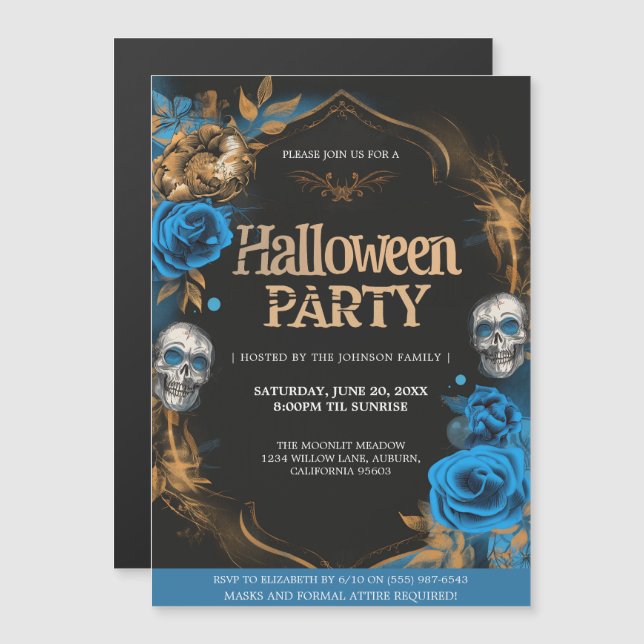 Elegantes Blue & Gold Halloween-Party Magneteinladung (Vorne/Hinten)