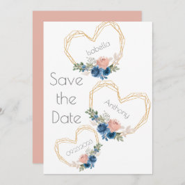 Elegantes Blue Gold Heart Blumenbezeichnungen Hoch Save The Date