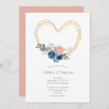 Elegantes Blue Gold Heart Floral Wedding Einladung
