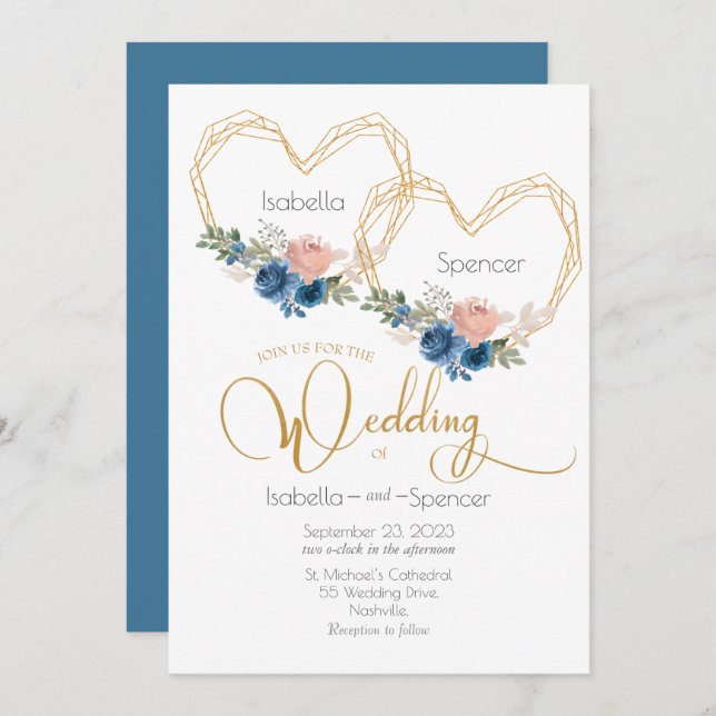 Elegantes Blue Gold Heart Floral Wedding Einladung (Vorne/Hinten)
