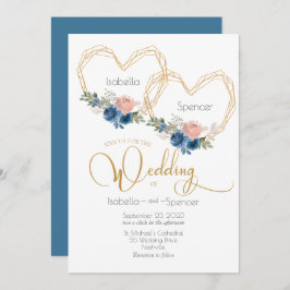 Elegantes Blue Gold Heart Floral Wedding Einladung