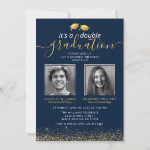 Elegantes Blue Gold Joint Abschluss Foto Einladung