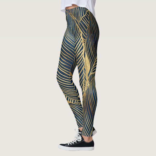 Elegantes Blue Gold Leaf Design Leggings (Links)