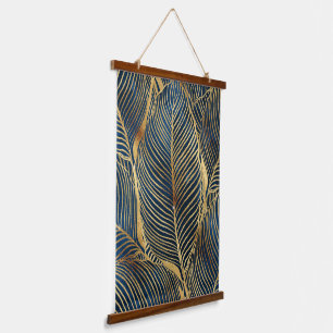 Elegantes Blue Gold Leaf Design Wandteppich Mit Holzrahmen