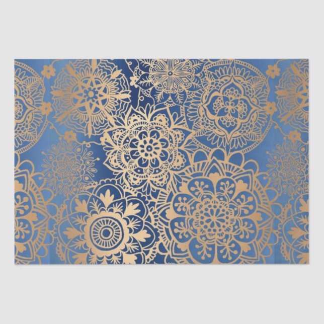 Elegantes Blue Gold Mandala Muster Seidenpapier (Vorderseite)