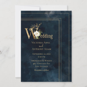 Elegantes Blue Gold Moderne Hochzeitseinladung Einladung
