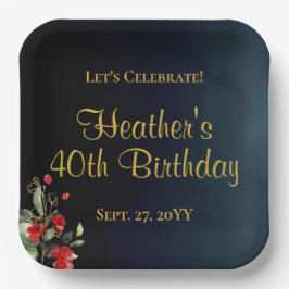 Elegantes Blue Gold Red Floral 40. Geburtstag Part Pappteller