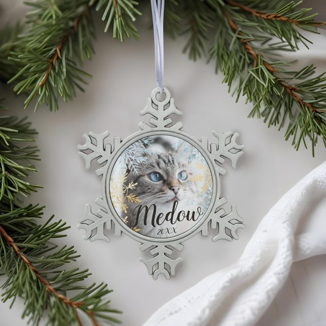 Elegantes Blue & Gold Snowflake Pet Foto individue Schneeflocken Zinn-Ornament (Elegant Blue & Gold Snowflake Customize Pet Photo Snowflake Pewter Christmas Ornament)