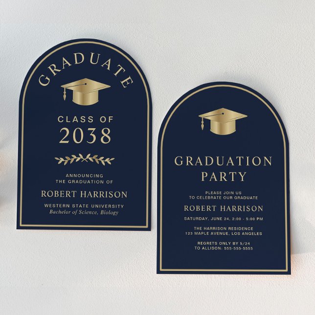 Elegantes Blue Gold Uni-Abschluß Party Einladung (An elegant arch-shaped college graduation party invitation to celebrate the graduate's achievements)