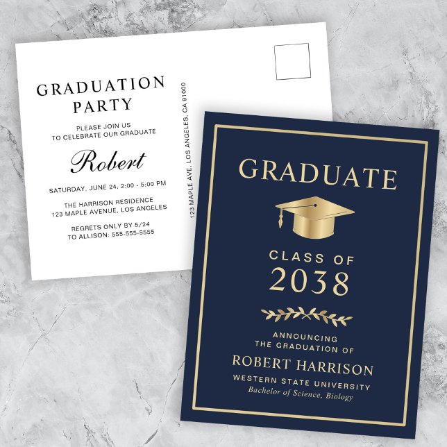 Elegantes Blue Gold Uni-Abschluß Party Einladungspostkarte (An elegant college graduation party invitation postcard to celebrate the graduate's achievements)