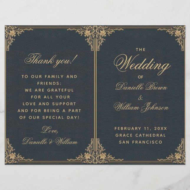 Elegantes Blue Gold Vintag Folded Wedding Programm (Vorderseite)