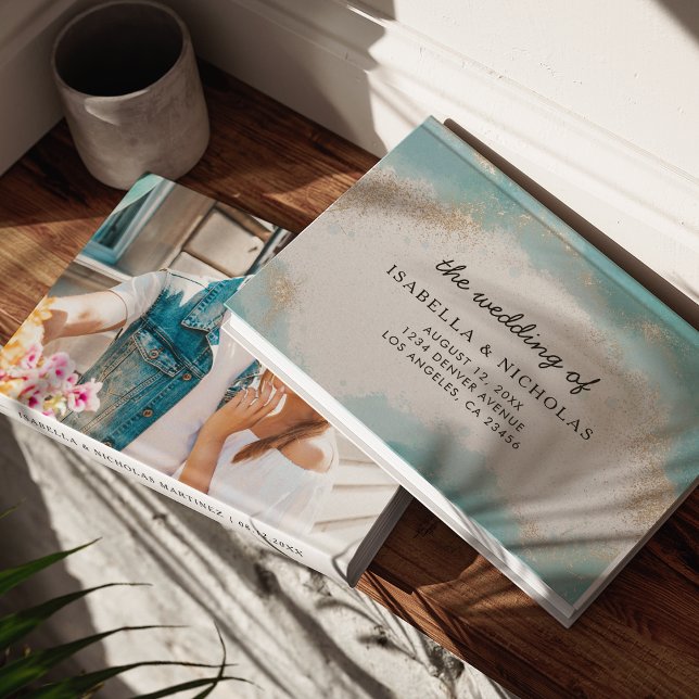 Elegantes Blue Gold Watercolor Foto Hochzeit Gästebuch (Von Creator hochgeladen)