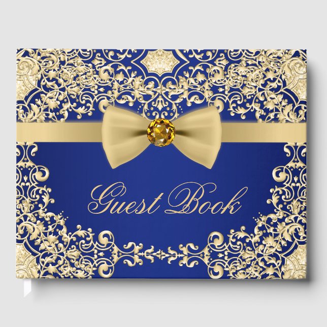 Elegantes Blue Gold Wedding Party Event Gästebuch (Vorderseite)