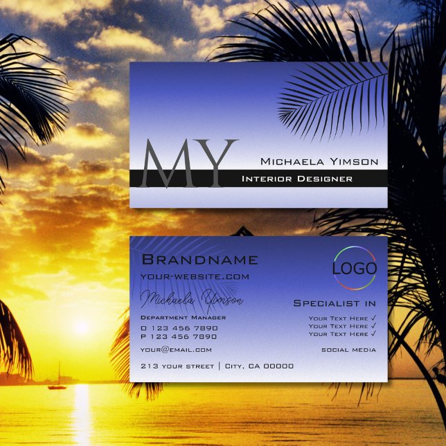 Elegantes Blue Gradient Palm Leaf Monogramm und Lo Visitenkarte (Von Creator hochgeladen)